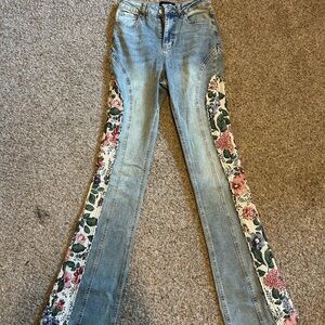 Fashion Nova Blue Flare Wide Leg Jeans with Floral Panels